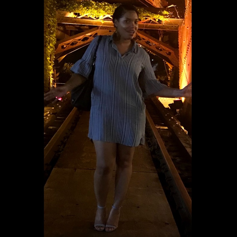Denim-striped, collar-shirt Dress w/ pockets